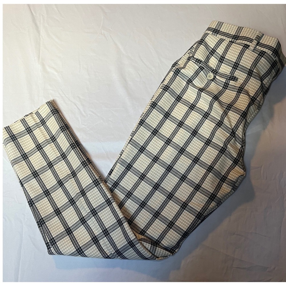 boohooMAN Mens Slim Fit Plaid Trousers Cream Black Check Pants Size 32R